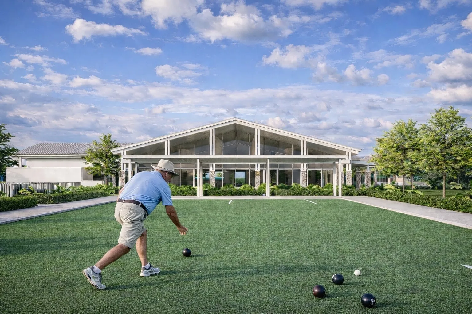 Render of a man playing lawn bowls on the green in front of the glazed clubhouse