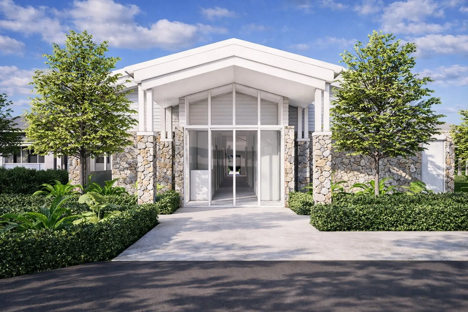 Render of the clubhouse entrance, with stone piers and a glazed gable
