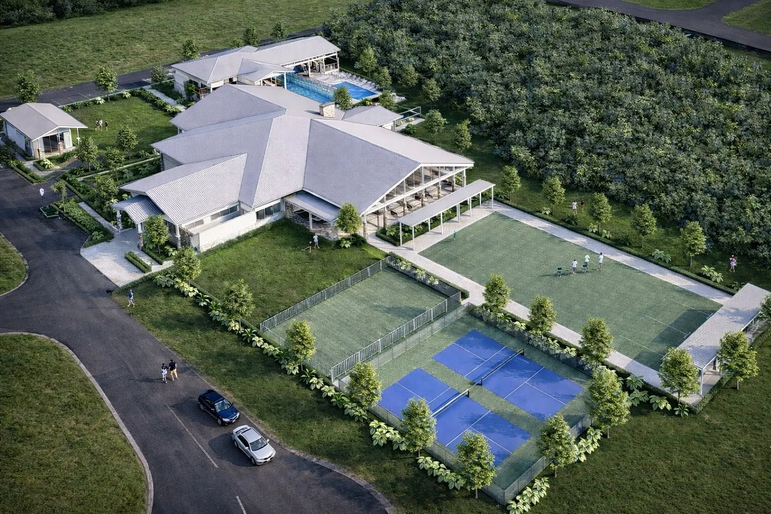 Render of the clubhouse, pool, lawn greens and pickleball courts from above