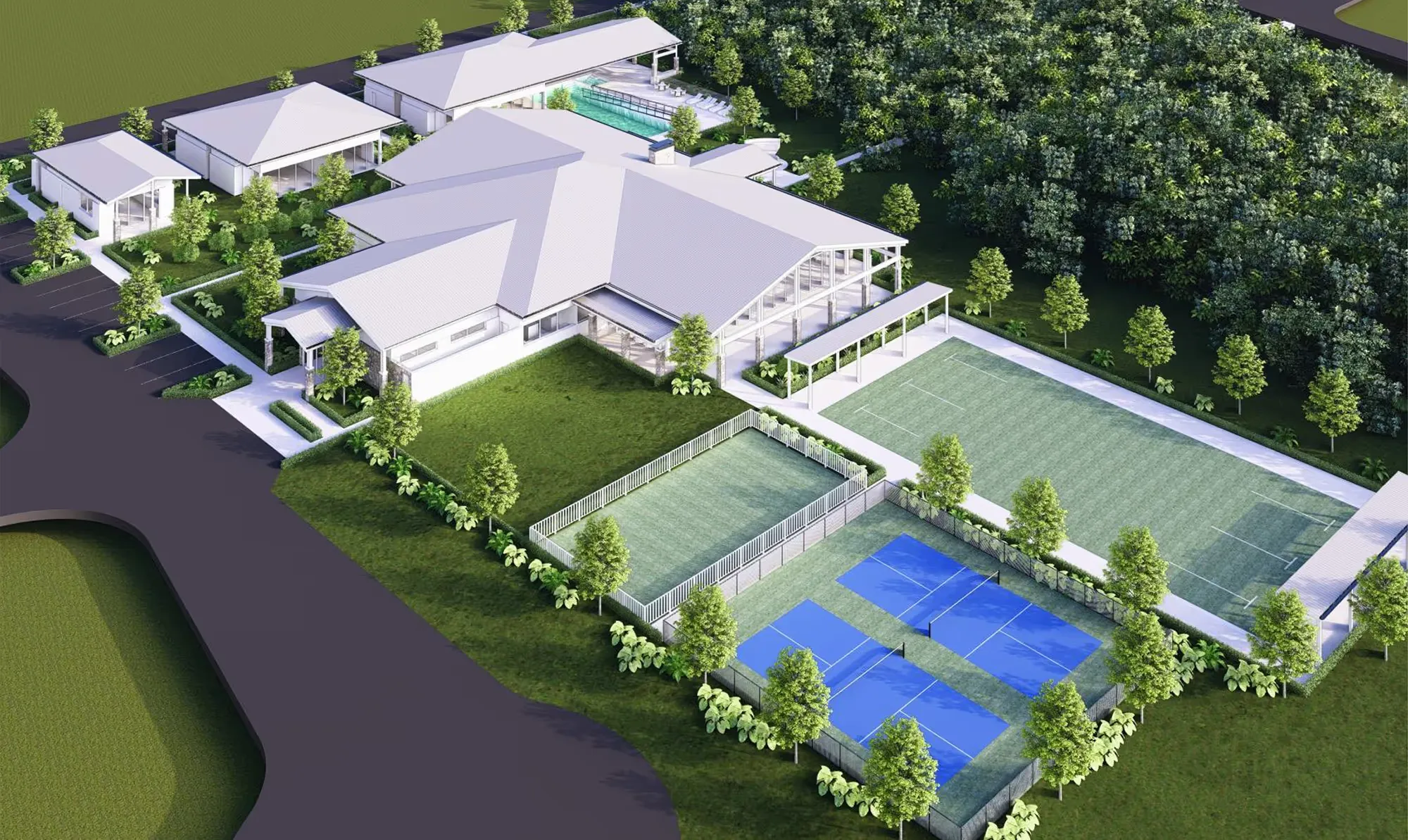 Render of the Solara Club from above: the clubhouse and pool, a lawn bowls green, 2 pickleball courts and a fenced court, beside bushland