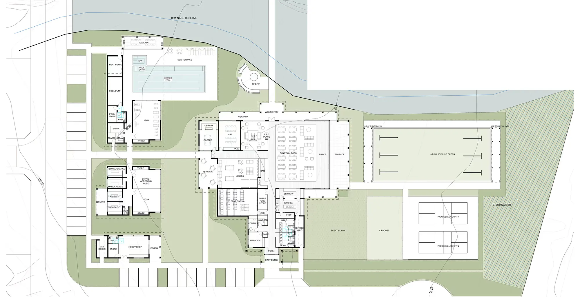 Plan of the clubhouse and its pool, courts and gardens