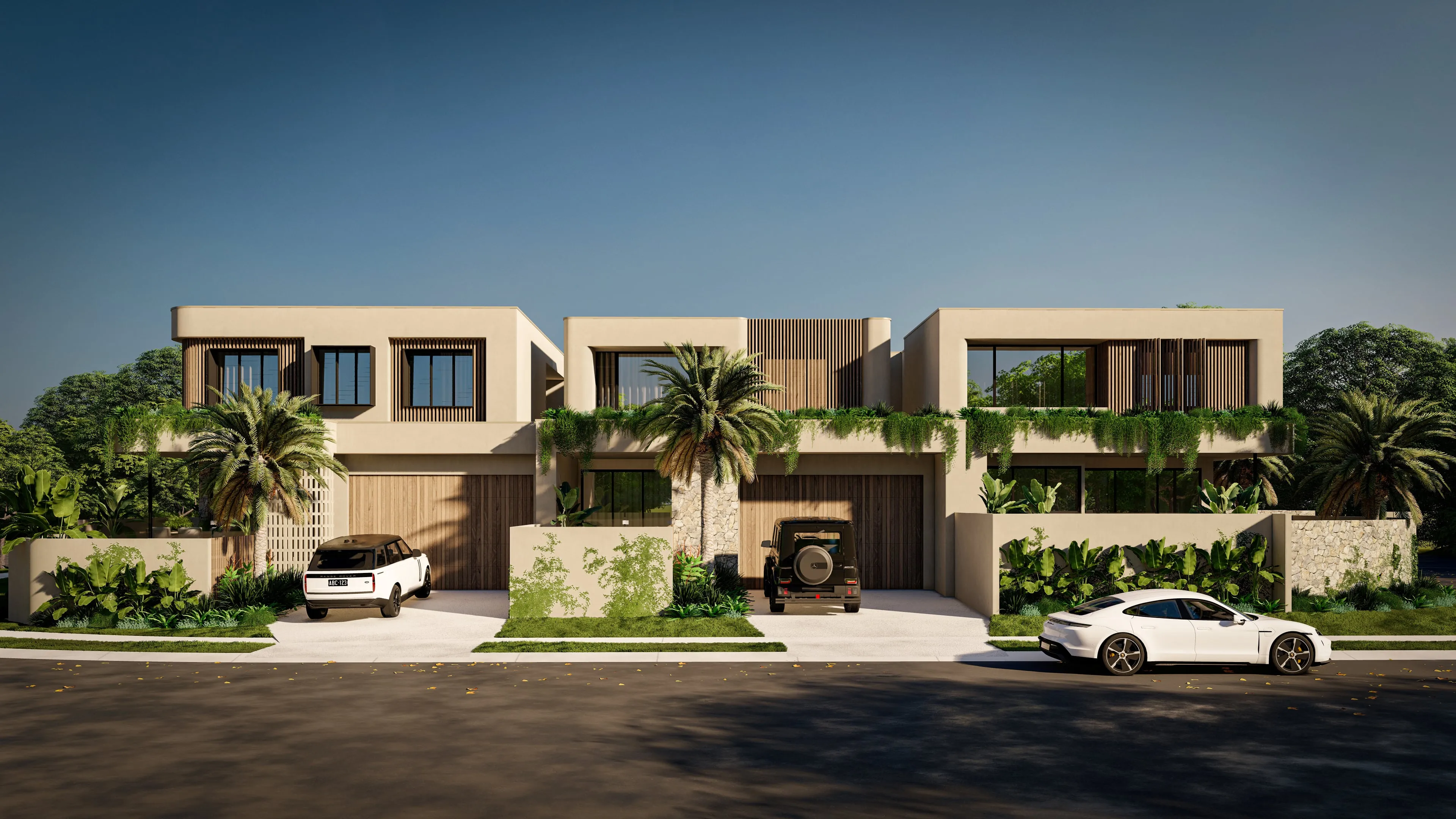 Render of the 3 Helios villas from the street, each with a garage and a planted front