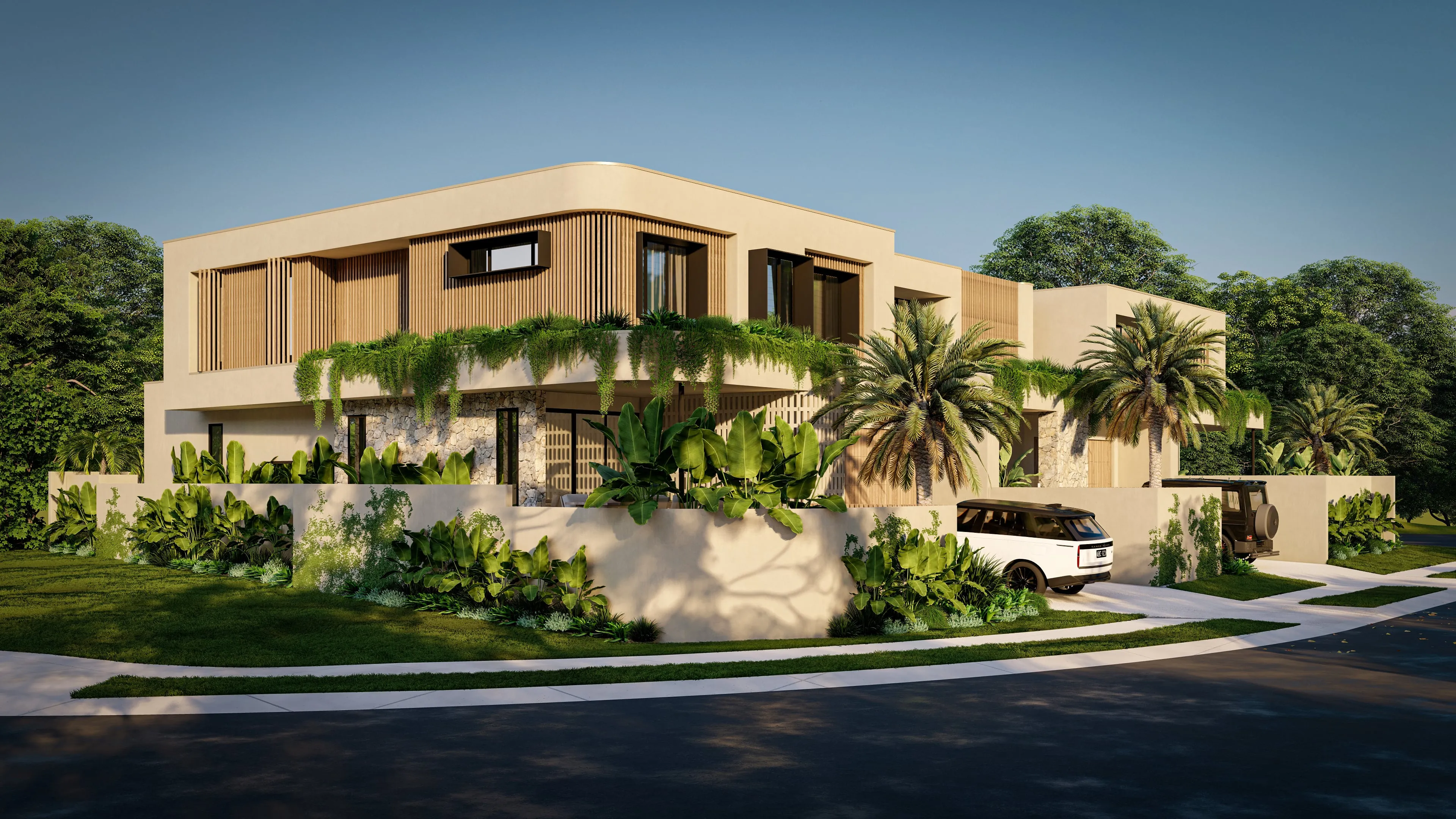 Render of the Helios villas from the corner, with planting cascading over the front walls