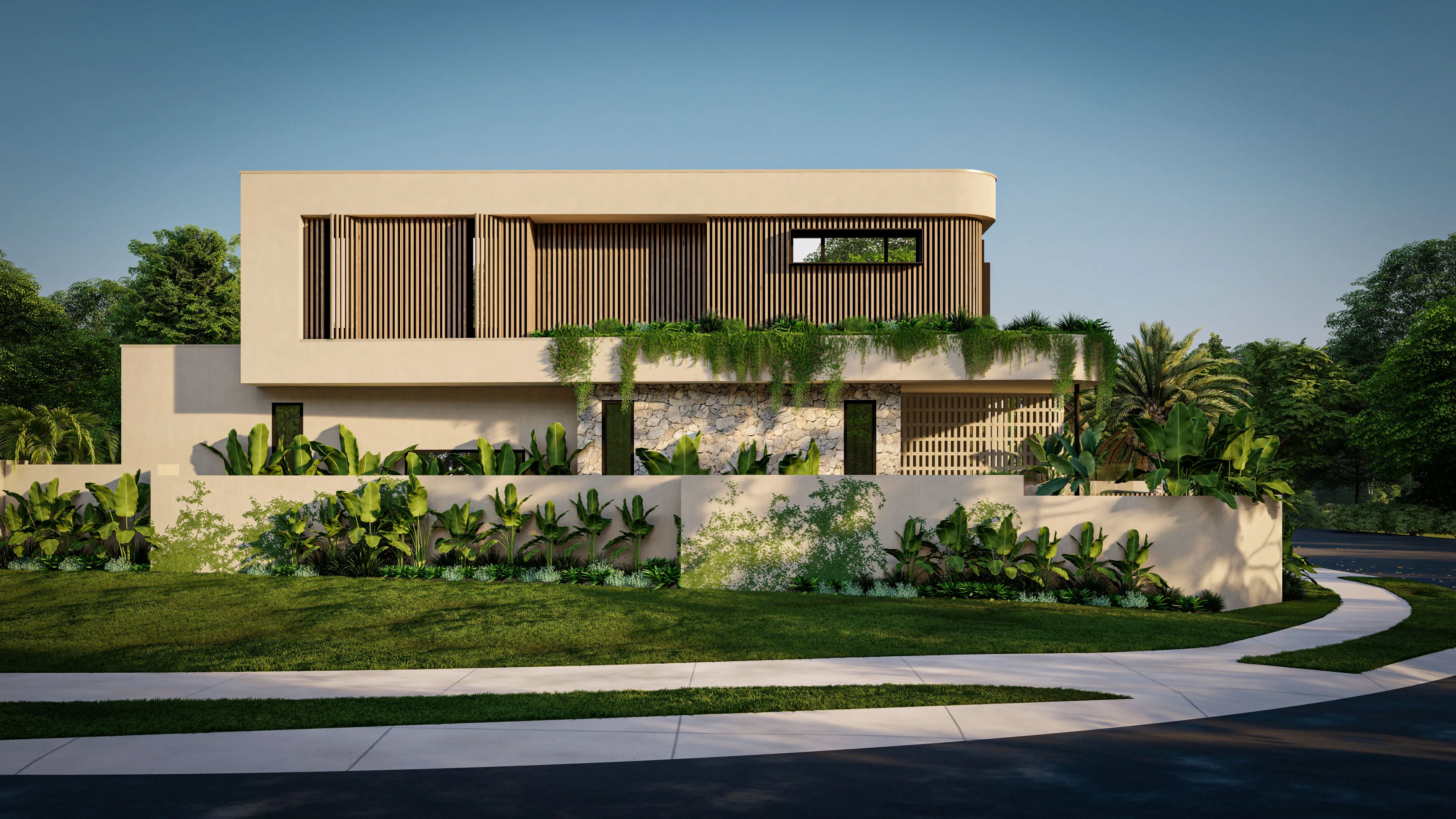 Render of a Helios villa on the corner, with a planted upper terrace and timber screens