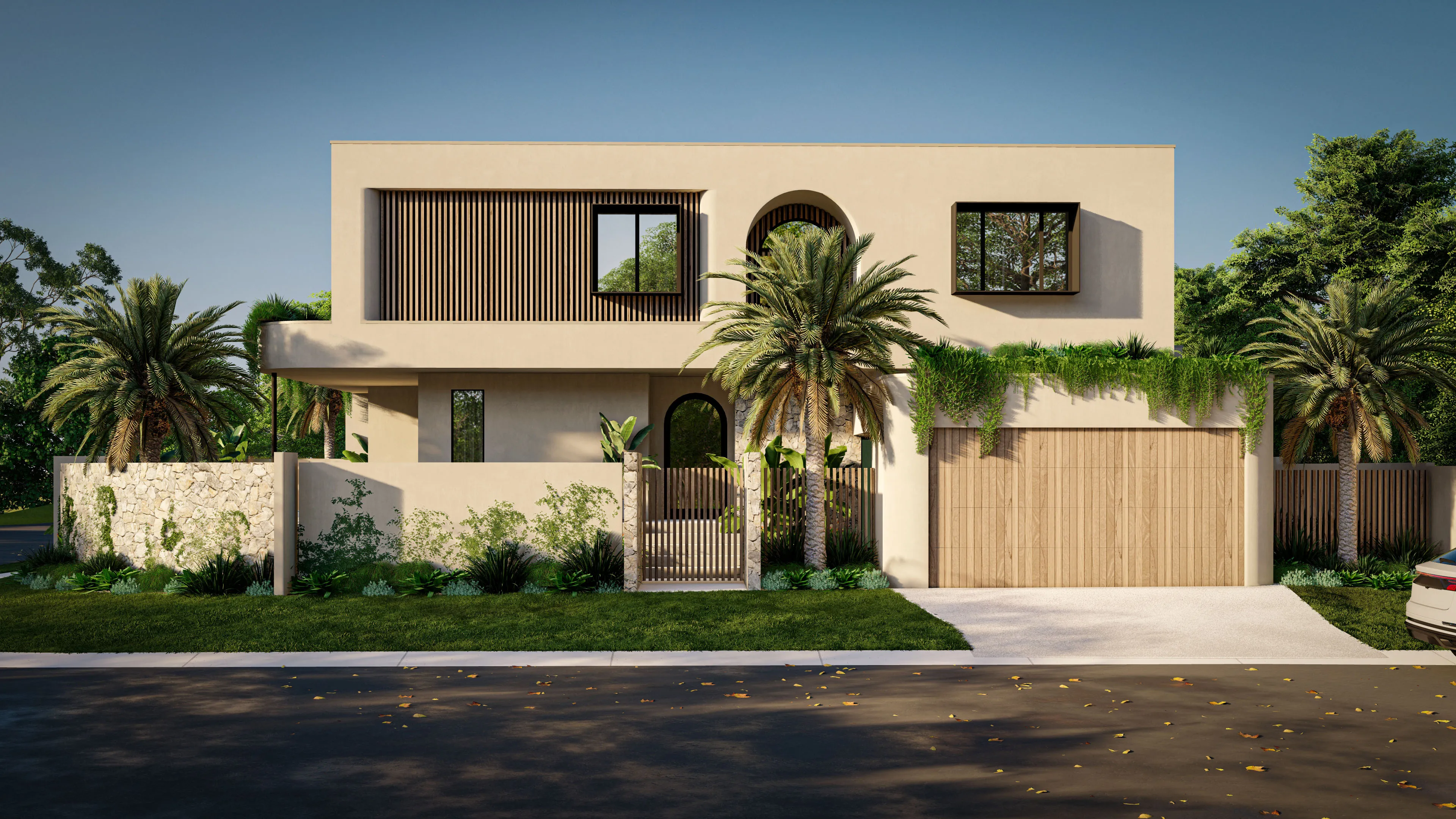 Render of a Helios villa from the street: an arched window and timber battens on the upper floor, a stone front wall, palms and a timber garage door