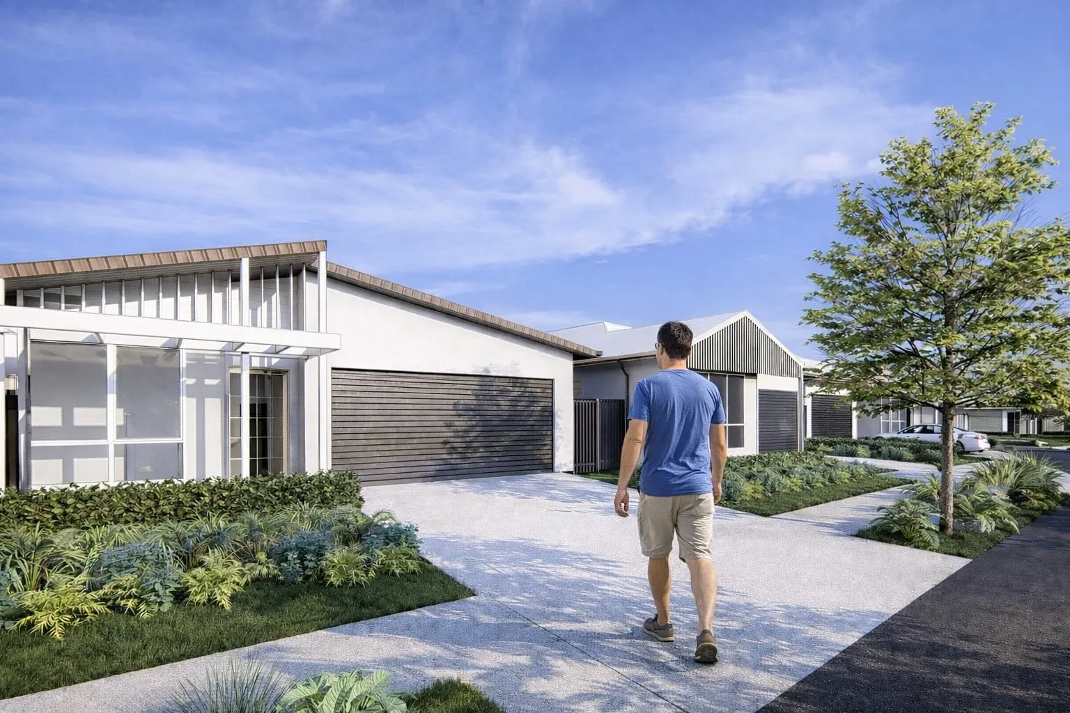 Render of a man walking along a driveway past single-storey homes with dark garage doors and planted front gardens