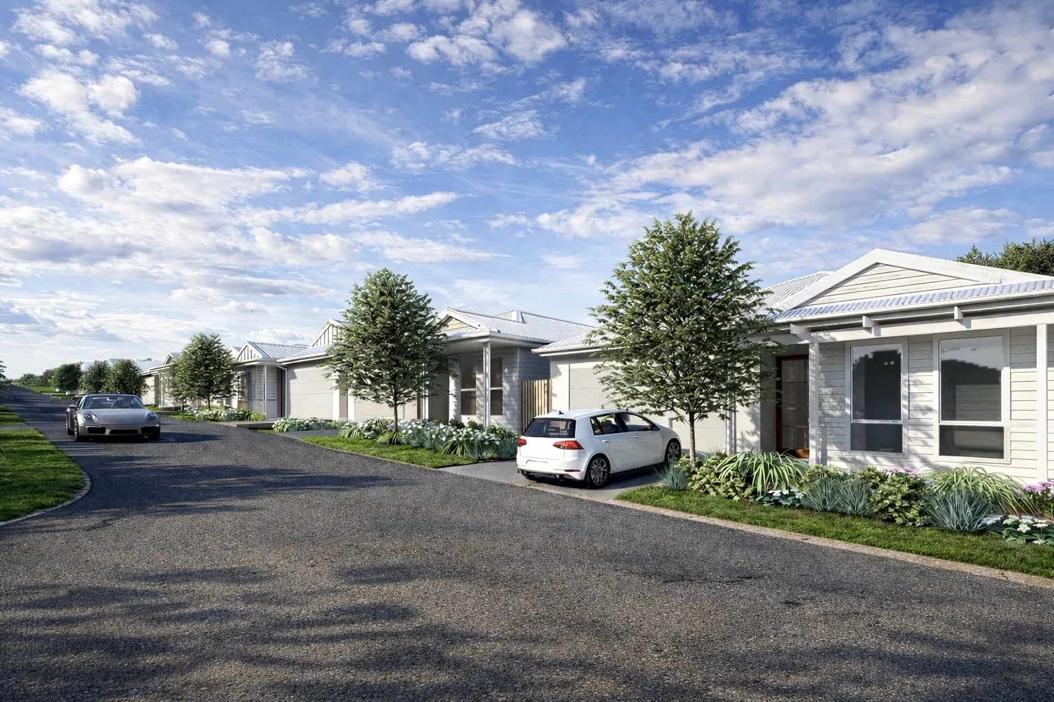 Render of a street of single-storey homes with weatherboard fronts, driveways and street trees