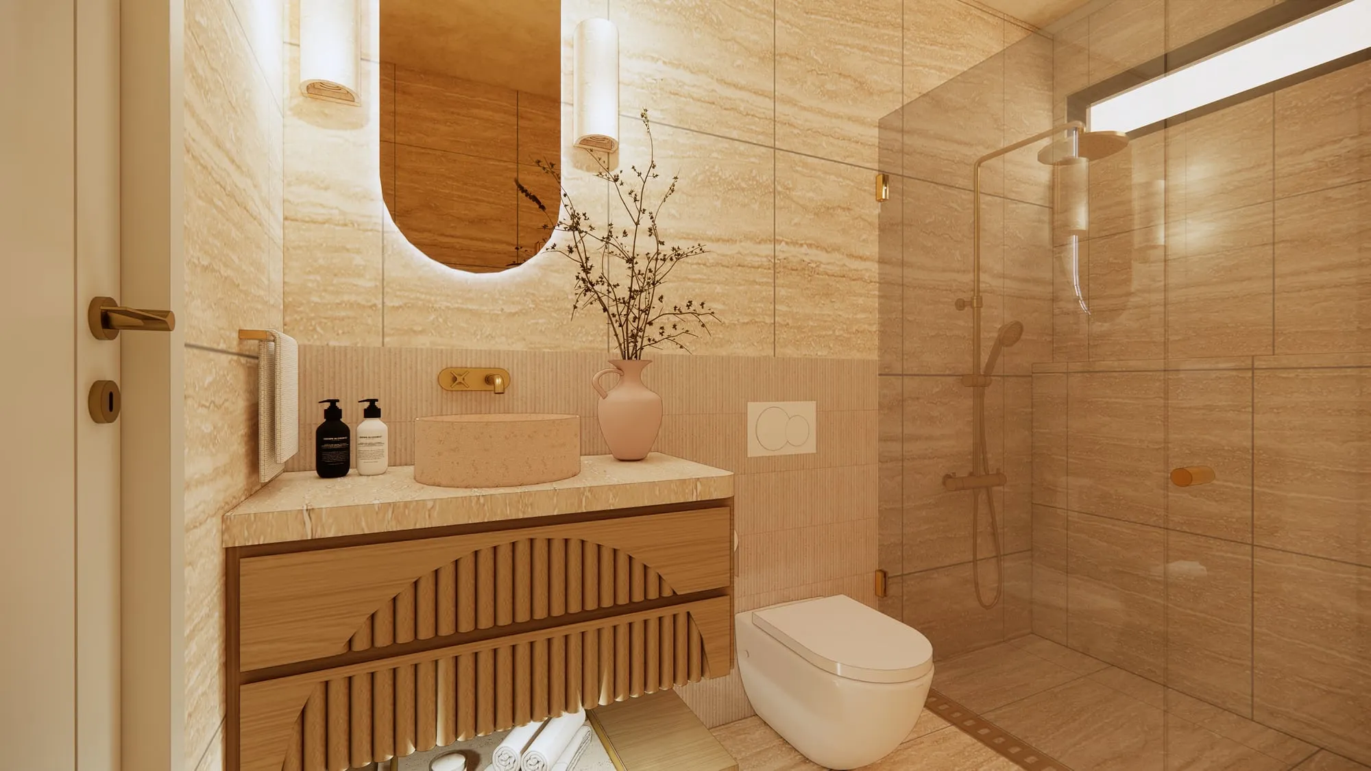 Render of a bathroom with a round stone basin on a fluted timber vanity, a backlit oval mirror and a glass-walled shower