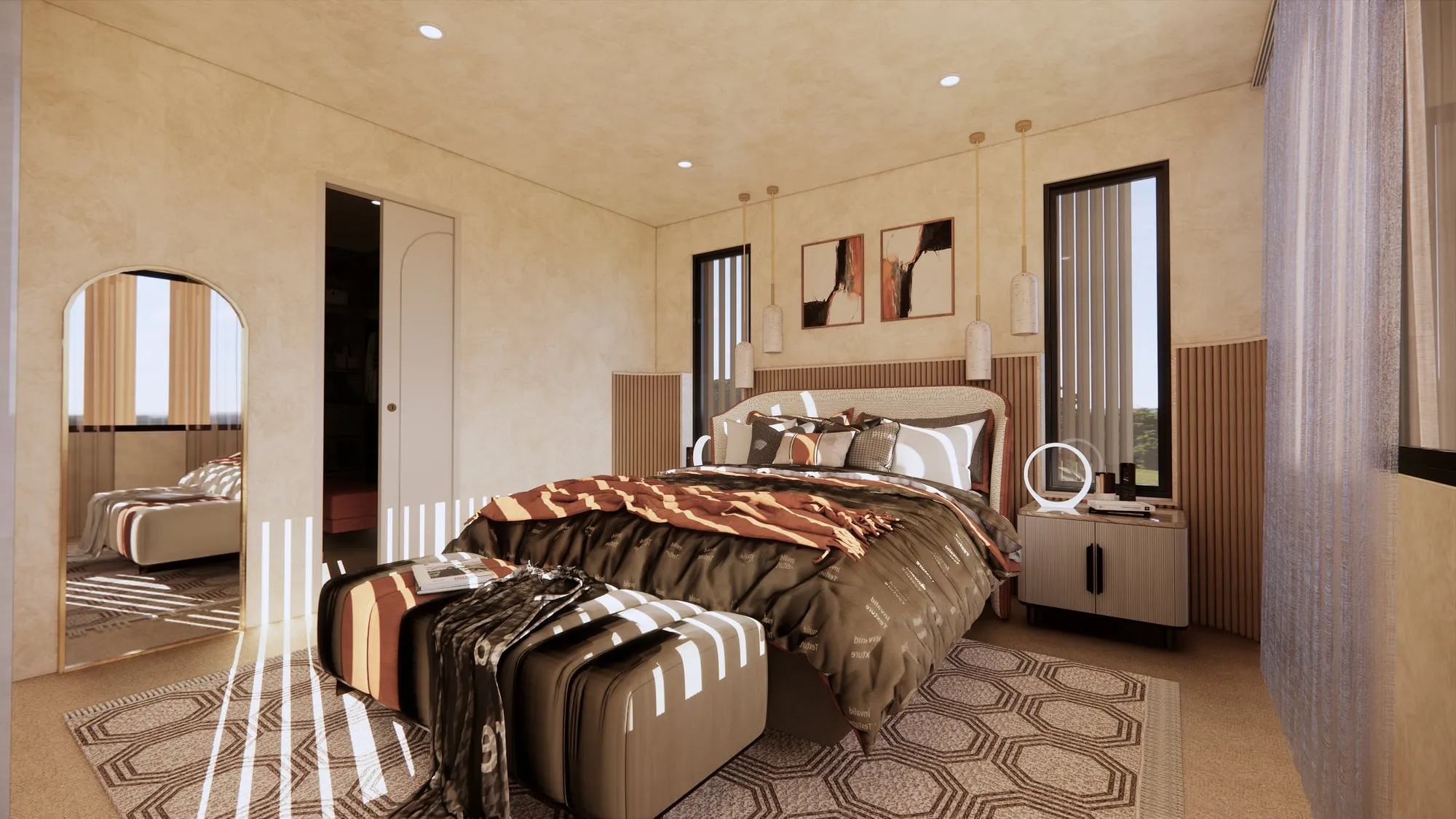 Render of a bedroom with an upholstered bed against timber battens, pendant lights either side and a tall arched mirror