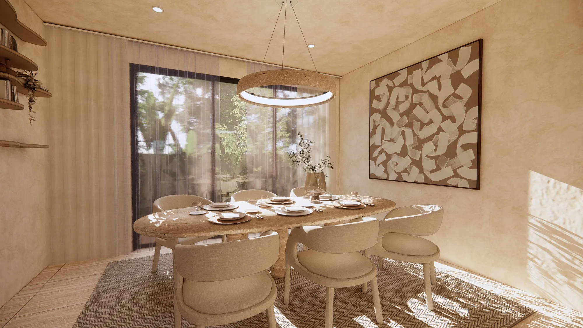 Render of a dining room with an oval stone table, 6 upholstered chairs and a ring pendant, beside glass doors onto greenery