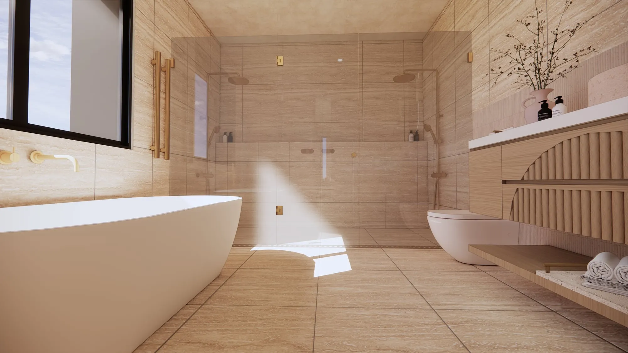 Render of a bathroom with a freestanding bath, a glass-walled shower with 2 rain heads and a timber vanity with an arched fluted front