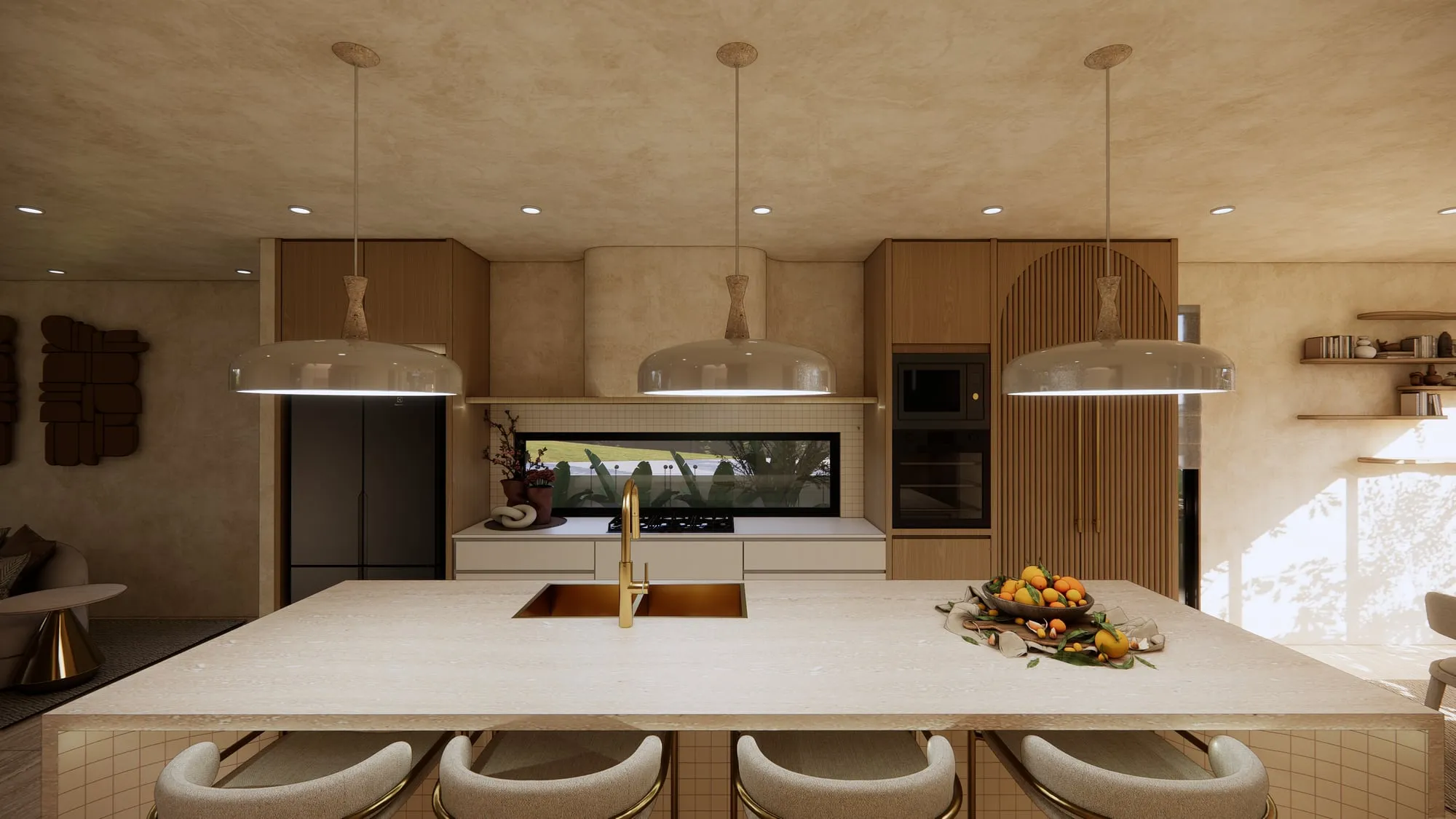 Render of a kitchen with a long stone island and 4 stools under 3 large pendants, and timber joinery with a fluted arch