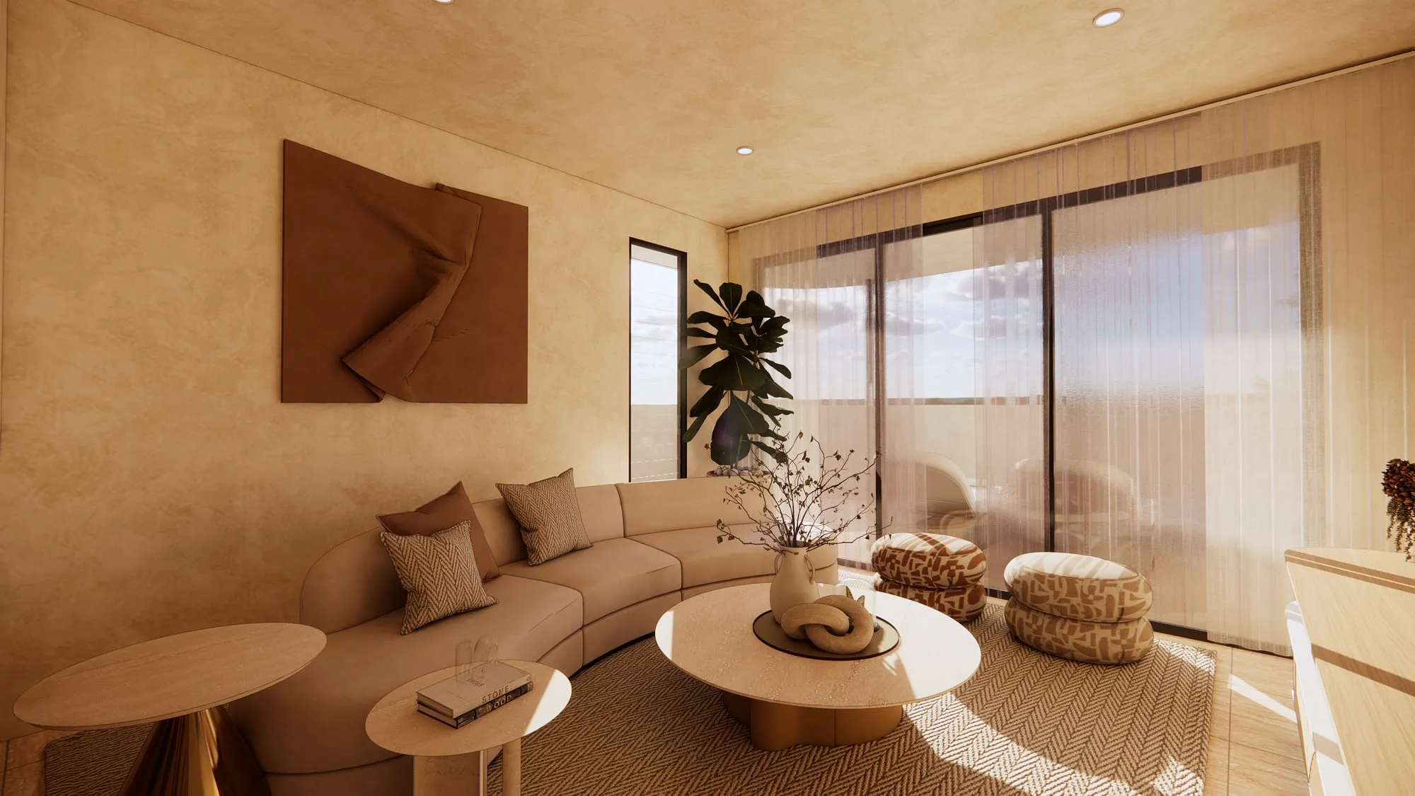 Render of a living room with a curved sofa, a round coffee table and sheer curtains over glass sliding doors