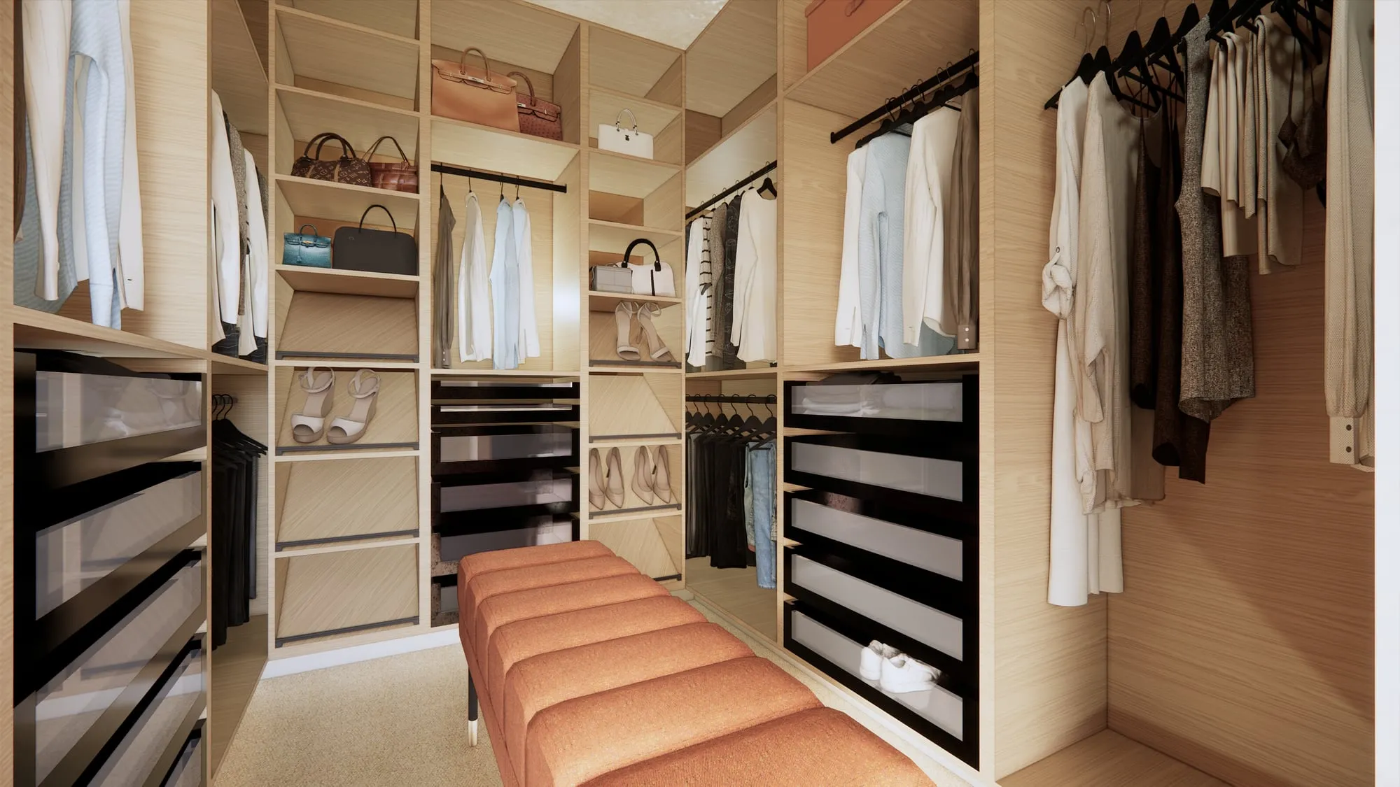 Render of a walk-in robe with open timber shelving, hanging rails, glass-fronted drawers and an upholstered bench