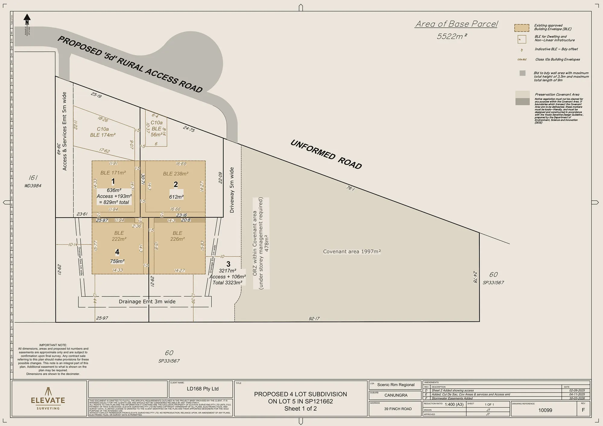 Plan of the proposed 4-lot subdivision, sheet 1 of 2: lots 1 to 4 with their building envelopes