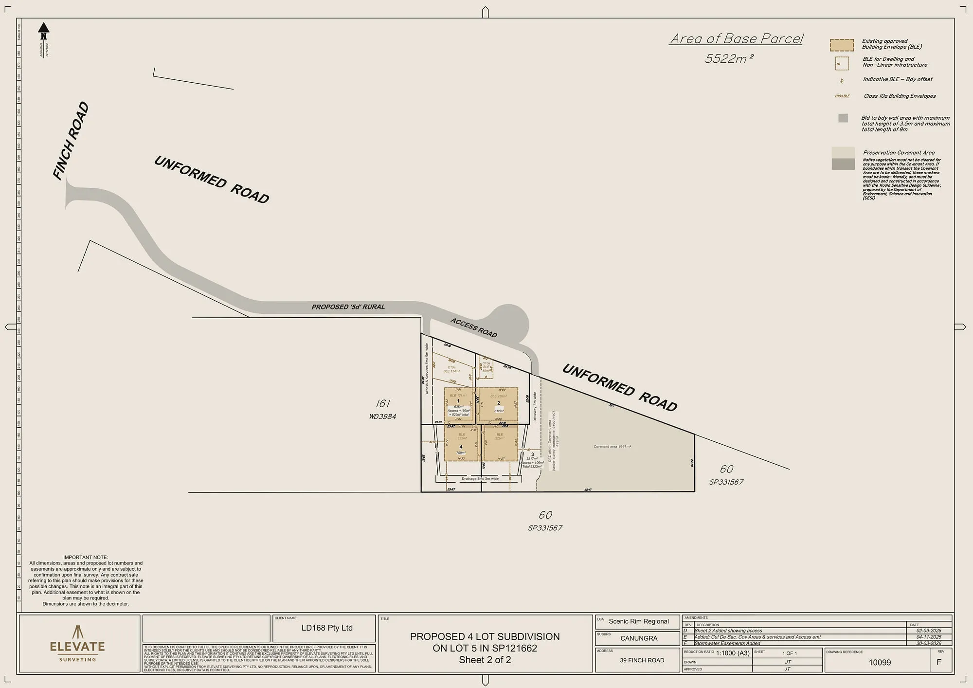 Plan of the proposed 4-lot subdivision, sheet 2 of 2: the lots with the proposed rural access road