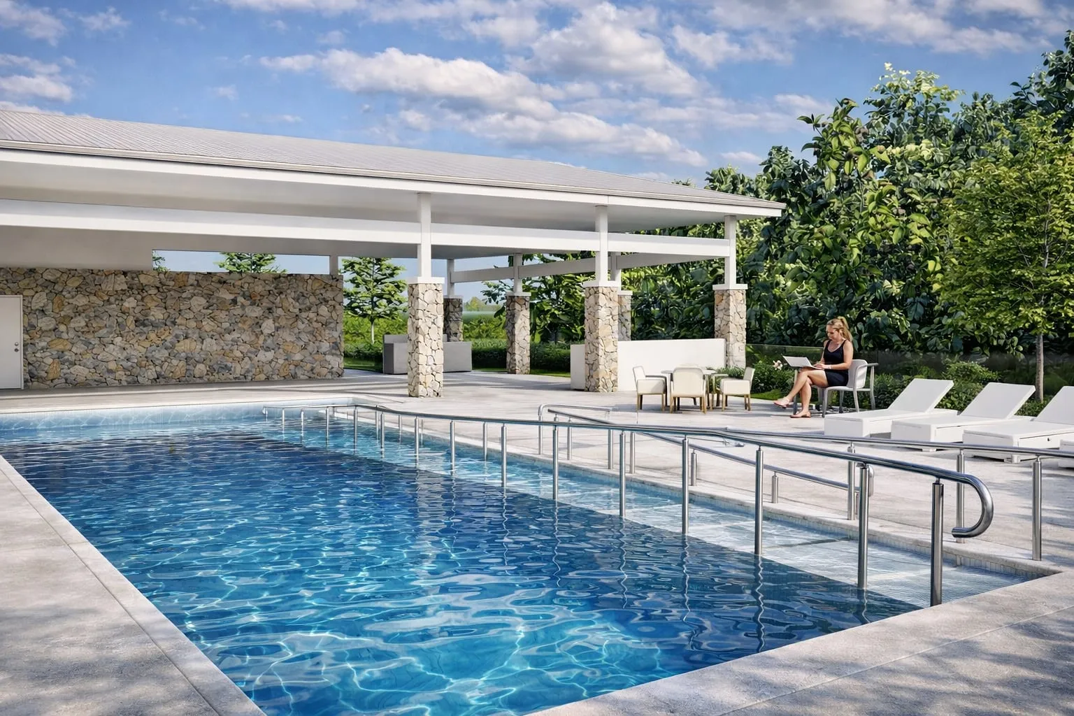 Render of the pool, with handrails into the water, sun loungers and a covered pavilion on stone piers